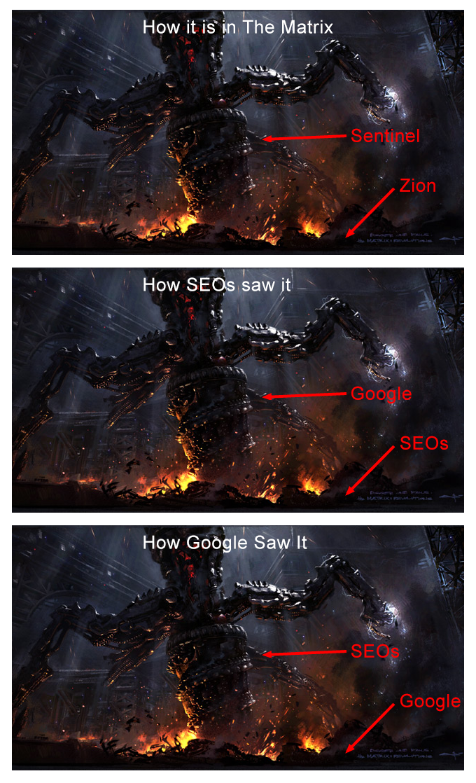 Three copies of the same still of a Sentinel machine attacking Zion from The Matrix, labelled differently. First: "How it is in The Matrix" - Sentinel and Zion. Second: "How SEOs saw it" - Google and SEOs. Third: "How Google Saw It" - SEOs and Google, with the labels reversed.