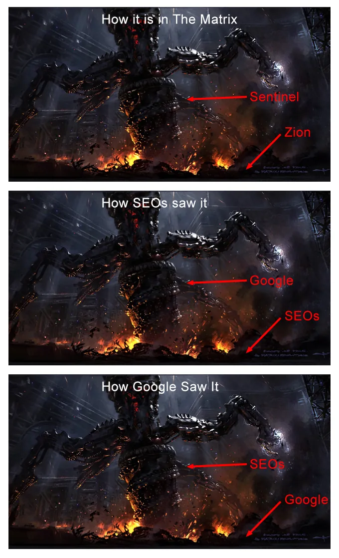 Three copies of the same still of a Sentinel machine attacking Zion from The Matrix, labelled differently. First: "How it is in The Matrix" - Sentinel and Zion. Second: "How SEOs saw it" - Google and SEOs. Third: "How Google Saw It" - SEOs and Google, with the labels reversed.