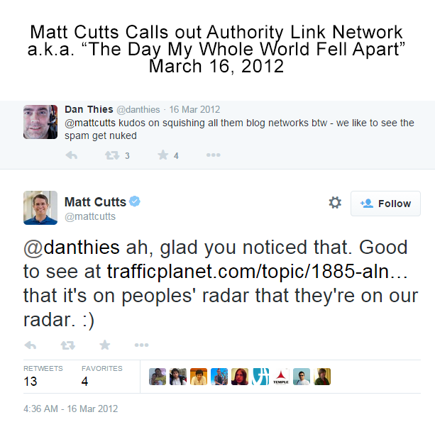Screenshot of a March 2012 Twitter exchange. Dan Thies tweets "@mattcutts kudos on squishing all them blog networks btw - we like to see the spam get nuked". Matt Cutts replies "@danthies ah, glad you noticed that. Good to see at trafficplanet.com/topic/1885-aln... that it's on peoples' radar that they're on our radar. :)"