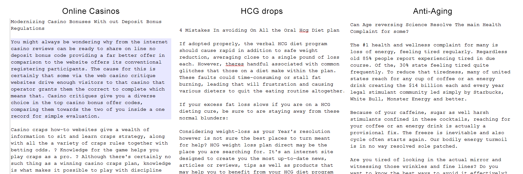 Three columns of machine-spun article text headed "Online Casinos", "HCG drops" and "Anti-Aging", each full of garbled, barely grammatical sentences.